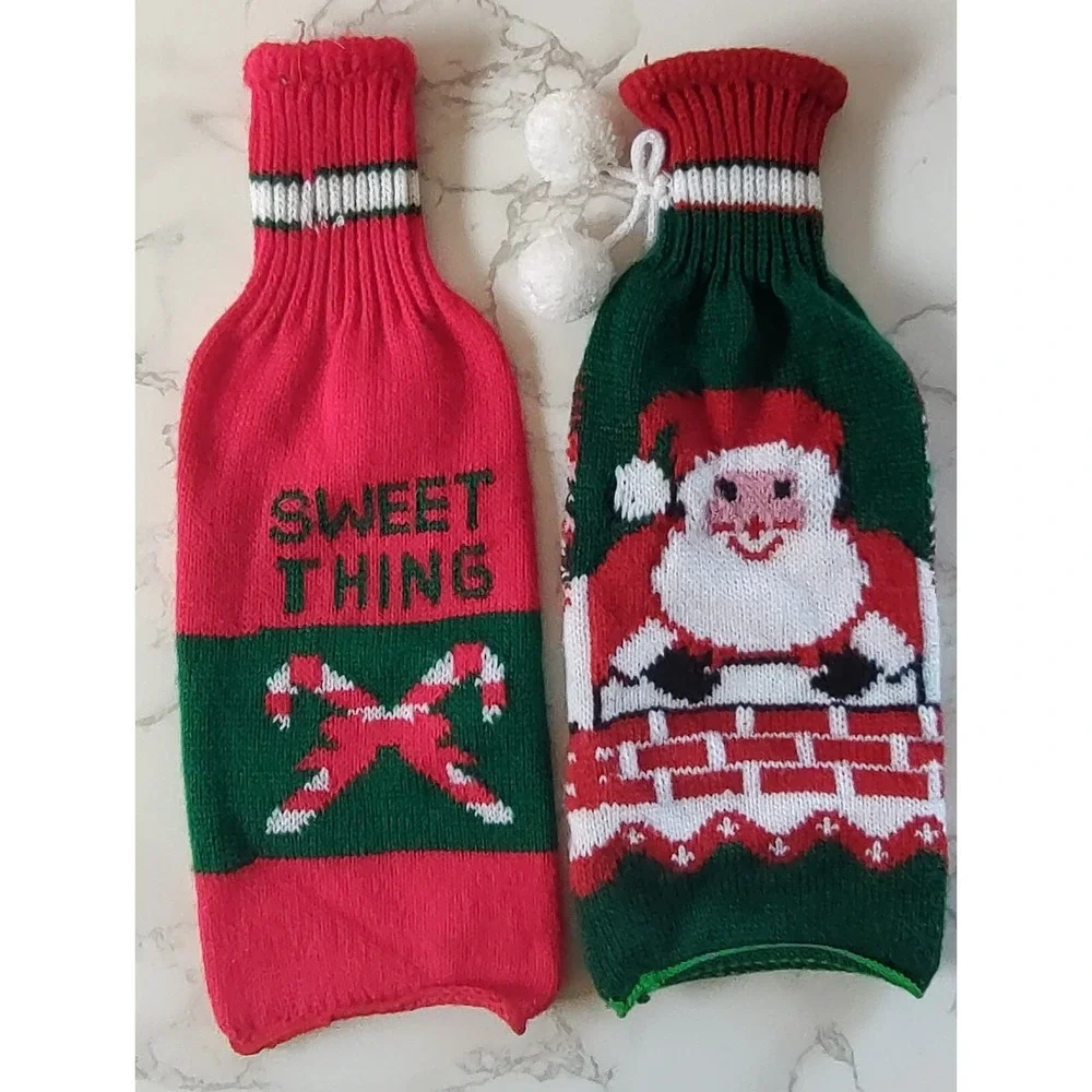 Christmas Sweater Knit Wine Bottle Covers Hostess Gift Wrap Set Of 2 A2